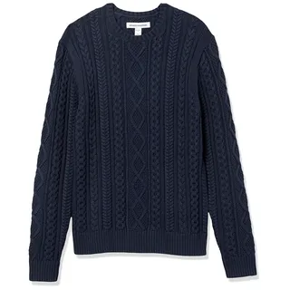 Amazon Essentials Herren Pullover mit Langen Ärmeln und Rundhalsausschnitt aus 100% Baumwolle mit Zopfmuster, Marineblau, S