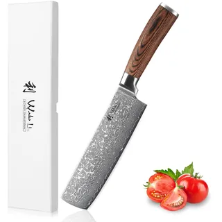 Wakoli EDIB Sakura Nakiri 18 cm Klinge aus 67 Lagen Damaststahl, VG10-Kern | Pakkaholzgriff, 60 ± 2 HRC und beidseitiger 15° V-Schliff; gerade Schneide für präzise Druckschnitte bei Gemüse und Kräutern