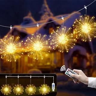 4er Hängend Feuerwerk Lichterkette, 360LED Led Lichter Feuerwerk mit Fernbedienung, Weihnachtsdeko Weihnachtsbeleuchtung Innen Fenster Deko