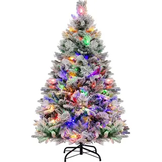 COSTWAY Künstlicher Weihnachtsbaum 136cm, Tannenbaum mit Schnee und Zapfen, 8 Lichtmodi & 472 PE PVC Zweigspitzen, Christbaum, Kunstbaum Weihnachten - Grün, Weiß