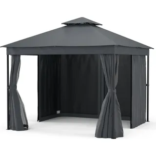 Blumfeldt Mondo Dual Pavillon 3x3 – Doppeldach & Moskitonetze, Wetterfester Metallrahmen, Vorhänge Für Privatsphäre, Gartenpavillon, Leicht Zu Montieren, Dunkelgrau - Grau