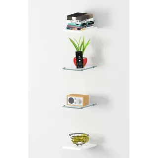 Dmora Set mit 4 Wandregalen, Made in Italy, 2 Regale aus gehärtetem Glas und zwei aus glänzend weißem Laminat, cm 20x27h1,6, Farbe weiß glänzend