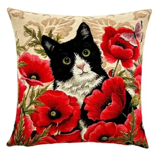 Gobelin Kissen Katze und Blumen