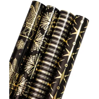 RUSPEPA Weihnachts-Geschenkpapierrolle – Schwarz-goldenes Weihnachtsschlitten-Feiertagsdesign mit metallischem Folienglanz – 4 Rollen – 43,5 x 305 cm pro Rolle