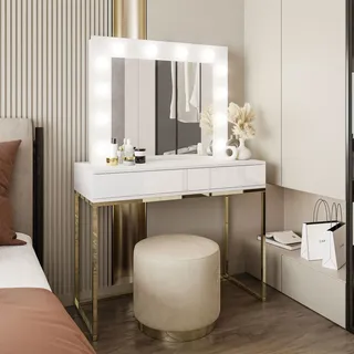 BLANCO Schminktisch mit Spiegel und Beleuchtung gold chrom, Weiß Hochglanz, Push-to-open System - Weiß