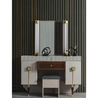 Moderne Schlafzimmer Holz Möbel Schminktisch Hocker Spiegel Garnitur - Beige