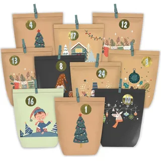 Papiertüten Adventskalender zum Befüllen, 24 Weihnachtskalender mit Aufkleber, DIY Geschenktüten Braun Schwarz