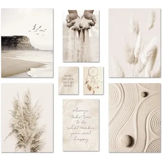 ARTFAVES® Poster Set - BEIGE DREAMS - mehrteilige Wanddeko Wohnzimmer & Schlafzimmer - 8 moderne Wandbilder Pampasgras, Meer, Strand, Achtsamkeit, Yoga - ohne Bilderrahmen