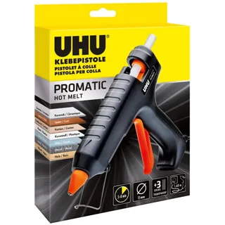 UHU Heißklebepistole PROMATIC – inkl. 3 transparente Klebesticks, 11 mm, schnell einsatzbereit in 5–8 Min., leistungsstark für Holz, Metall, Glas, Textilien & mehr
