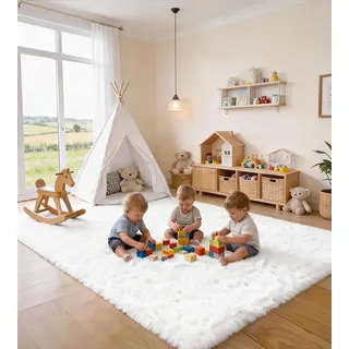 VOFUSHON Teppich Wohnzimmer 200 x 300 cm Weiß | Hochflor, Waschbar, OEKO-TEX Zertifiziert, 35D Rückprallschaum, Schlafzimmer, Rutschfeste Unterseite, Flauschig
