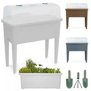 Onbest Hochbeet Frühbeet – Kräuterhochbeet mit Abdeckhaube, Weiß | Pflanzkasten aus robustem Kunststoff mit Wasseranzeige und Gartenwerkzeug – für Anzucht, Garten, Terrasse & Balkon