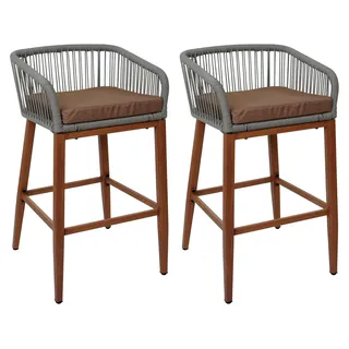 2er-Set Rope-Barhocker, HxBxT 92x51x53 cm, Sitzhöhe 76 cm, Hellgrau, Kissen Taupe, Outdoor Sitzpolster Seilgeflecht Metall Holz-Optik - Hellgrau, Taupe