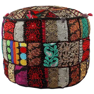 Aakriti Indian Pouf Fußhocker mit Stickerei Pouf, indische Baumwolle, Pouffe osmanischen Pouf Cover mit ethnischem Dekor Kunst - Cover (Black, 46x33 cms)