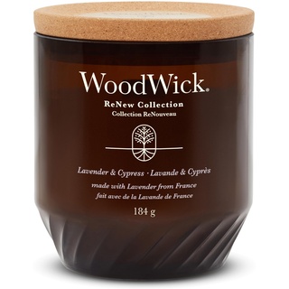 WoodWick ReNew Duftkerze mit knisterndem Docht | Mittelgroße Kerze Lavender & Cypress | Pflanzliche Soja-Kokosnuss-Wachsmischung | Hergestellt aus recycelten Materialien