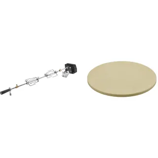 RÖSLE Premium-Drehspieß, Hochwertiger Grillspieß BBQ-Stationen Traglast 10 kg & Vario Pizzastein, Hochwertiger Pizzastein aus Cordierit zur Zubereitung von Pizza, 30 cm