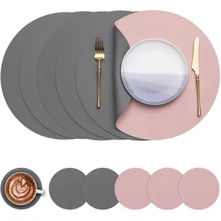 Myir JUN Tischsets 6er Set, Tischsets Abwaschbar Platzsets Rund Ø 38cm Platzdeckchen Rund Doppelseitigen rutschfest Platzsets Kunstleder Leder Tischset Lederoptik (Grau Rosa, 6er Set)