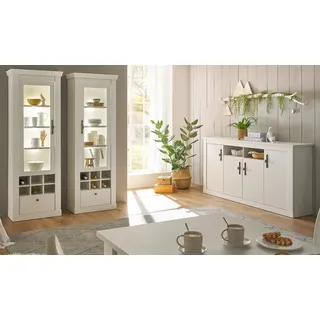 furn.design Wohn- und Esszimmer Set 3-teilig, "Fiastra" in weiß Pinie Landhaus, Soft-Close und LED - Weiß