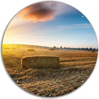 Wallario rundes Outdoor-Poster für Garten oder Balkon, Motiv Stroh auf dem Feld bei untergehender Sonne, 60 cm Durchmesser - Schwarz