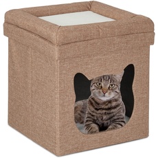 Relaxdays Sitzhocker mit Katzenhöhle, faltbar, HxBxT: 44x40x40 cm, Kissen, Deckel, kuscheliges Katzenbett, braun-weiß