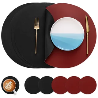 Myir JUN Tischsets 6er Set, Tischsets Abwaschbar Platzsets Rund Ø 38cm Platzdeckchen Rund Doppelseitigen rutschfest Platzsets Kunstleder Leder Tischset Lederoptik (Rot Schwarz, 6er Set)