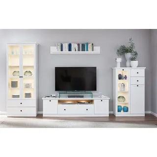Wohnwand weiß Landhausstil 369 cm BERGAMA-19 mit LED Beleuchtung, B/H/T: ca. 369/196/41 cm - Weiß
