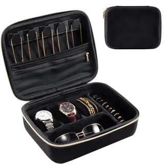 ProCase Herren Reise Schmuckkästchen, 3 Slots Uhrenzubehör Reise Aufbewahrungsbox Schmuckaufbewahrungsbox für Herren, Brille Halsketten Ringe Armbänder Organizer Tasche für Männer -Schwarz