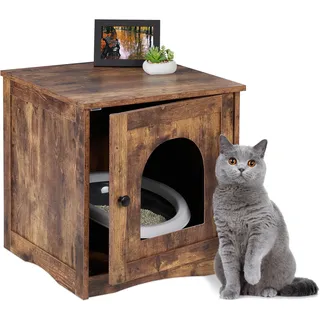 Relaxdays Katzenschrank für Katzentoilette, Tür mit offenem Eingang, Industrial-Stil, HBT 50x48x50 cm, Katzenhaus, braun