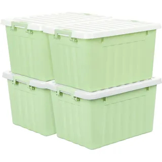 Cetomo 15L*4 Aufbewahrungsboxen, Rillen-verstärkte Kunststoffboxen mit Deckeln & Clips, Stapelbare Aufbewahrungskiste, Ordnungsboxen für Zuhause und Büro, PP, Grün, 15L (4er Pack)