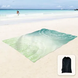 Sunlit Seidig weiche Boho-Stranddecke, sanddicht, Matte mit Ecktaschen und Netztasche, für Strandparty, Reisen, Camping und Outdoor-Musikfestival, Tiffany-Grün, Mandala, 269,2 x 205,7 cm