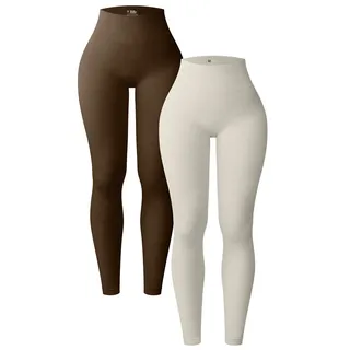OQQ Damen 2 Stück Yoga Leggings Gerippt Nahtlos Workout Hohe Taille Athletic Pants, Kaffee/Beige, S