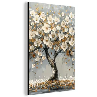 MuchoWow Metallbild Baum - Blumen - Weiß - Natur - Kunst 80x120 cm , Metall , Rechteckig , 80x120 cm , einfache und schnelle Anbringung , Bilder & Rahmen, Bilder, Holz & Metallbilder