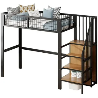Stilvora Hochbett 90/200 cm in Schwarz mit Kleiderschrank und Regal , Metall, Holz , 90x200 cm , Babymöbel & Kindermöbel, Kinderzimmer & Jugendzimmer, Kinderbetten, Hochbetten
