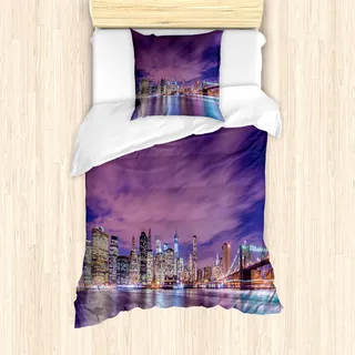 ABAKUHAUS Städtisch Bettbezug Set für Einzelbetten, New York City Skyline, Milbensicher Allergiker geeignet mit Kissenbezug, Mehrfarbig - Lila