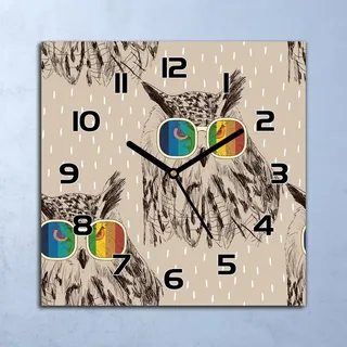 Wanduhr Echt-Glas-Küchenuhr Eulen mit Brille Quarz Lautlos 30x30 Deko Bilder