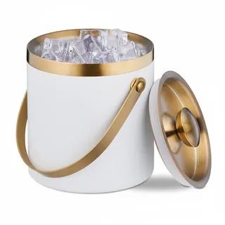 Relaxdays Eiswürfelbehälter, Edelstahl, doppelwandig, Eiseimer mit Deckel & Henkel, 1,5 Liter, Eiswürfelkübel, weiß/Gold