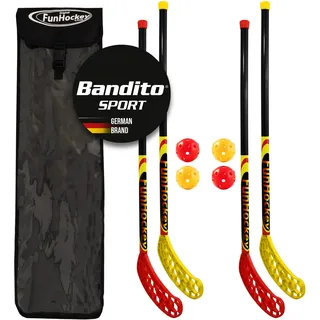 Bandito FunHockey Schlägerset inkl. Bälle und Tasche für Kinder, Floorball für Garten, Floorball Stick, Streethockey Outdoor, Linkshänder, Rechtshänder, 4 Bälle, 4 Schläger, 1 Tasche