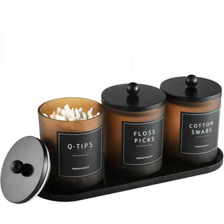 BIKALAN Glas Wattestäbchen Behälter, Schminktisch Badezimmer Organizer Set mit Tablett, Wattepadspender Make up Organizer für Wattestäbchen, Wattepads