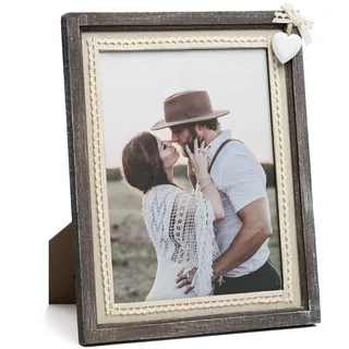 Afuly Bilderrahmen 20x25 Holz Rustikal Braun Vintage Shabby Massivholz Fotorahmen mit Weiß Herz Sackleinen Deko für Wand- oder Tisch Geburtstag Weihnachten Mama Oma Freund Famile Geschenke