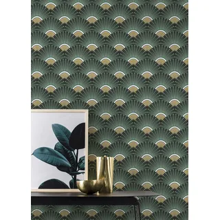 Rasch Textil Rasch Tapete 637618 Vliestapete mit Art-Deco Muster in Grün und Gold - 10,05m x 0,53m