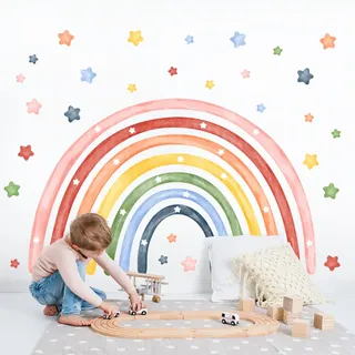 Tanlaby Wandtattoo Regenbogen Groß XL Wandsticker Kinderzimmer Mädchen Wandaufkleber Boho Sterne Aquarell Wanddeko für Babyzimmer Mädchenzimmer Wohnzimmer Schlafzimmer Klassenzimmer