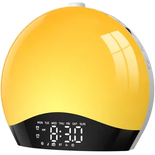 LIORQUE Tageslichtwecker Lichtwecker Sonnenaufgang Sonnenuntergang Simulation, Wecker mit Licht und Wake Up Light, Bluetooth, 18 Farben, 20 Helligkeitsstufen, 22 Klänge - Inklusive Netzadapter