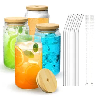 FINEW Gläser mit Deckel und Strohhalm 4 Stück, 16oz/450ml Eiskaffee Gläser, Cocktailgläser, Iced Coffee Glas, Trinkgläser mit Deckel und Strohhalm für Bubble Tea, Cola, Biergläser, Camping, Party