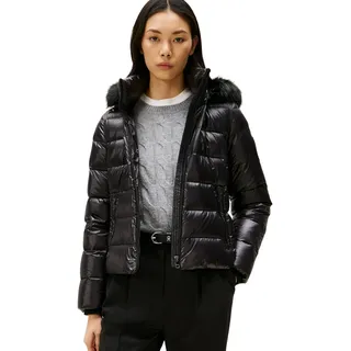 Tommy Hilfiger Damen Pufferjacke Gloss Down Slim mit Fellbesatz, Schwarz (Black), XL