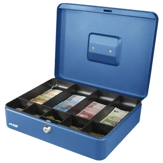 HMF Geldkassette abschließbar, Kasse mit 5 Münzfächern und 4 Geldscheinmulden, 30 x 24 x 9 cm, Blau