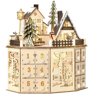 Homcom Adventskalender Adventskalenderbox mit LED-Lichtern 24 Schubladen Natur , Naturfarben , Holz , 20x29x25 cm , Dekoration, Weihnachtsdekoration