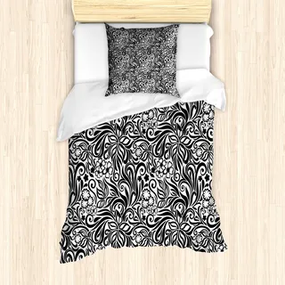 ABAKUHAUS Schwarz und weiß Mantele, West Floral, Milbensicher Allergiker geeignet mit Kissenbezügen, 135 cm x 200 cm - 80 x 80 cm, Schwarz-Weiss - Schwarz