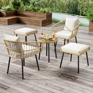 Garten-Lounge-Set 5-teilig Sitzgruppe Rattan Gartengarnitur Terrassenmöbel für 2-4 Personen Esstisch Stühle Hocker Eisenrahmen wetterfest Natur