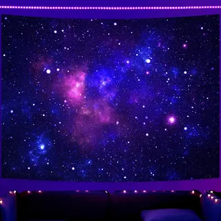 Simpkeely Schwarzlicht-Galaxie-Wandteppich, Blauer Weltraum-Sternenhimmel, UV-reaktiv leuchtender lila Party-Hintergrund, Schlafzimmer - 180cm x 300cm