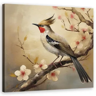 Feeby Wandbild vögel tiere blumen natur , Beige , Textil , Tiere , Rechteckig , 50x50 cm , Bilder & Rahmen, Bilder, Leinwandbilder