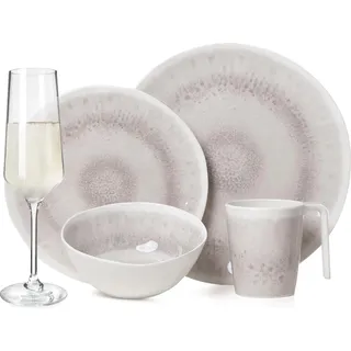 Melamin Camping Geschirr Set 4 Personen Amboss Design 16 Teilig + Milano Gläser Champagner-Gläser Flûtes Tafelgeschirr Picknick BBQ Kochgeschirr